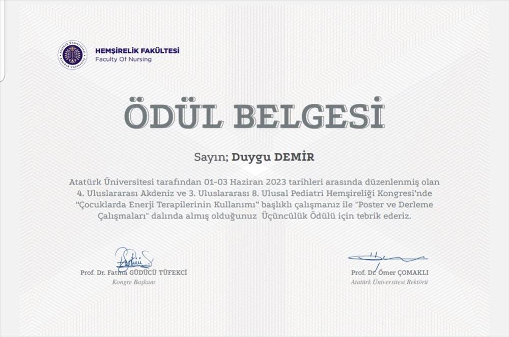 OUR DEPARTMENT FACULTY MEMBER RESEARCH RESEARCH ASSISTANT DR. DUYGU DEMİR WAS AWARDED 2 (TWO) PRIZES IN THE FIELD OF ORAL PRESENTATION